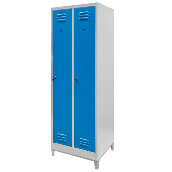 Szafka ubraniowa BHP Mega-M J-60 na podstawie z nóżkami 2 drzwiowa szara/ niebieski front S-60 cm G-50 cm H-190 cm skręcana N
