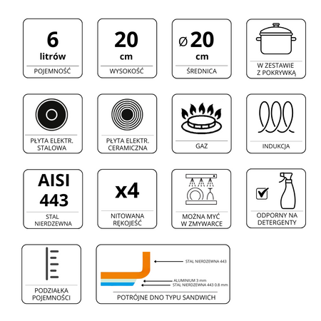 Garnek ze stali nierdzewnej AISI 443 wysoki z pokrywą Mega-M PRO 6L 20x20 cm