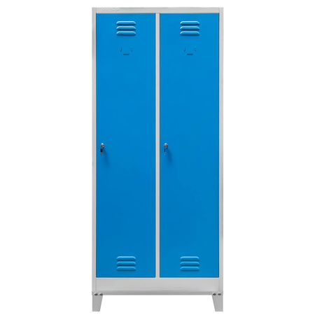 Szafka ubraniowa BHP Mega-M J-80 na podstawie z nóżkami 2 drzwiowa szara/ niebieski front S-80 cm G-50 cm H-190 cm skręcana N