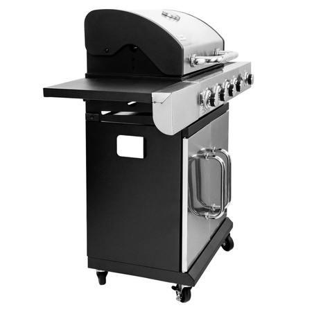 Grill ogrodowy gazowy Mega-M 4+1 ze stolikiem bocznym z pokrywą i drzwiczkami ze stali nierdzewnej reduktor + wąż gazowy