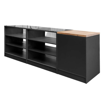 Lada sklepowa sprzedażowa impulsowa z przeszkloną górą i frontem Mega-M H-90 cm L-270 cm G-60 cm antracyt/blat dąb kraft