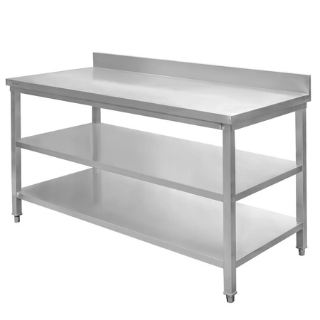 Stół gastronomiczny ze stali nierdzewnej przyścienny z 2 półkami Mega-M 150x70x85 cm
