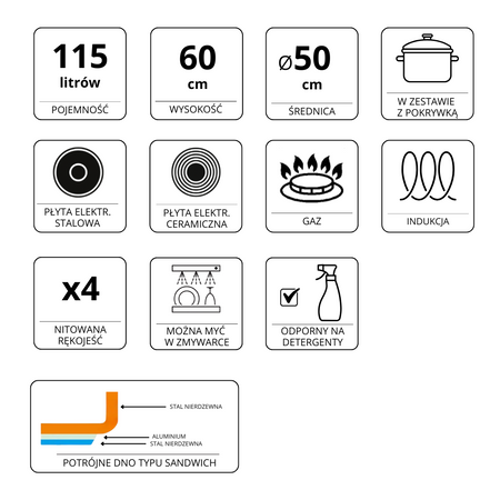 Garnek ze stali nierdzewnej wysoki z pokrywką Mega-M 115L 50x60 cm