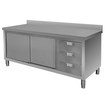 Stół gastronomiczny ze stali nierdzewnej spawany przyścienny z szafką i blokiem 3 szuflad Mega-M 180x70x85 cm