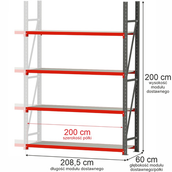 Regał magazynowy 4-półkowy Mega-M FORTIS 200x208,5x60 cm moduł dostawny