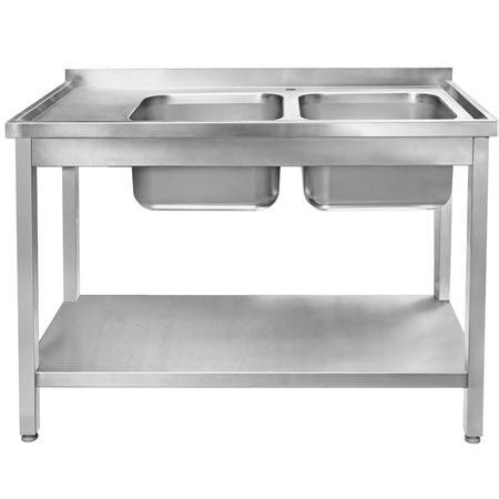 Zlew gastronomiczny spawany dwukomorowy z półką Mega-M 120x60x85 cm stal nierdzewna
