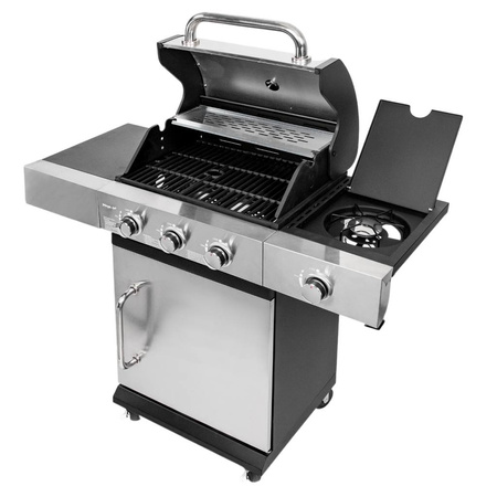 Grill ogrodowy gazowy Mega-M 3+1 ze stolikiem bocznym z pokrywą i drzwiczkami ze stali nierdzewnej reduktor + wąż gazowy