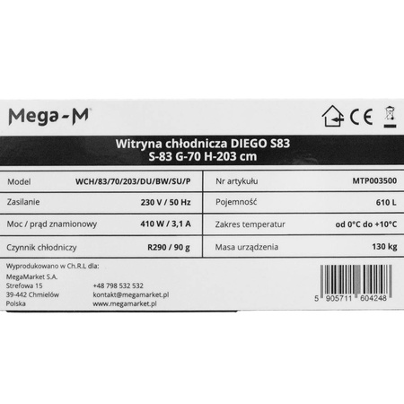 Witryna chłodnicza 1-drzwiowa 610L Mega-M DIEGO S83 oświetlenie LED