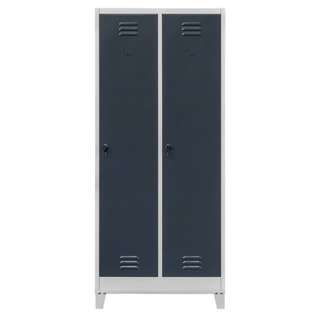 Szafka ubraniowa BHP Mega-M J-80 na podstawie z nóżkami 2 drzwiowa z przegrodami szara/ grafitowy front S-80 cm G-50 cm H-190 cm skręcana N