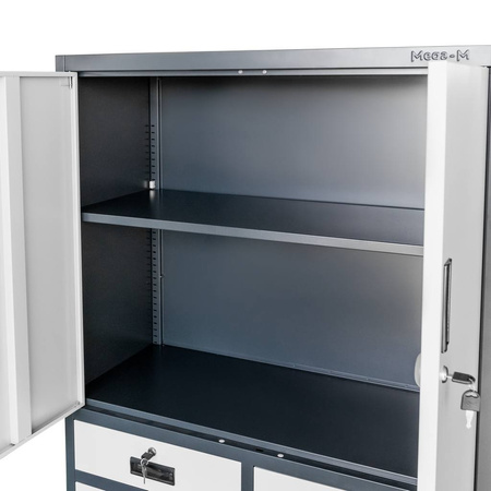 Szafa biurowa metalowa na dokumenty Mega-M WENUS drzwi pełne 2 szuflady S- 90 cm G- 40 cm H-185 cm grafitowa szary front