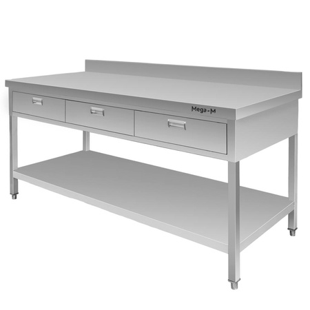 Stół ze stali nierdzewnej przyścienny z 3 szufladami i półką Mega-M S-180 cm G-60 cm H-85 cm N