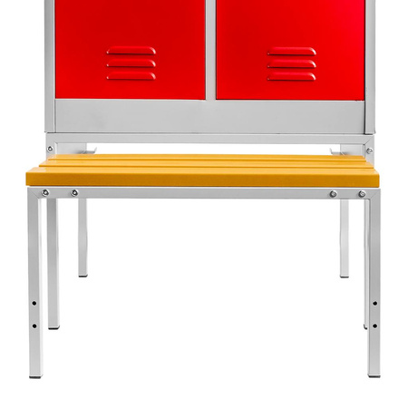 Szafka ubraniowa BHP Mega-M J-80 na podstawie z wysuwaną ławeczką 2 drzwiowa z przegrodami szara/ czerwony front S-80 cm G-80 cm H-223 cm skręcana N