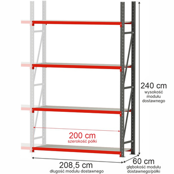Regał magazynowy 4-półkowy Mega-M FORTIS H-240 cm L-208,5 cm G-60 cm moduł dostawny N