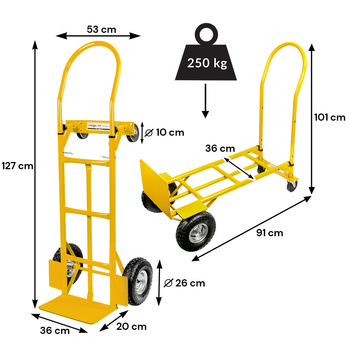 Rozkładany wózek transportowy 2w1 magazynowy młynarka taczkowy Mega-M 250kg żółty