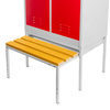 Szafka ubraniowa BHP Mega-M J-80 na podstawie z wysuwaną ławeczką 2 drzwiowa z przegrodami szara/ czerwony front S-80 cm G-80 cm H-223 cm skręcana N