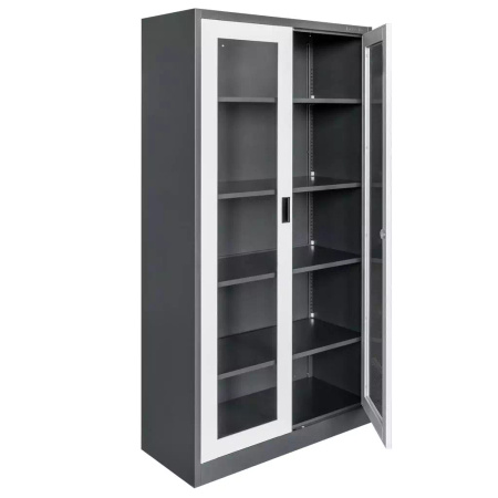 Szafa biurowa metalowa Mega-M WENUS W-07 na dokumenty przeszklone drzwi grafitowa / szary front S- 90 cm G- 40 cm H-185 cm skręcana N