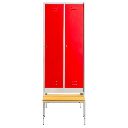 Szafka ubraniowa BHP Mega-M J-80 na podstawie z wysuwaną ławeczką 2 drzwiowa z przegrodami szara/ czerwony front S-80 cm G-80 cm H-223 cm skręcana N