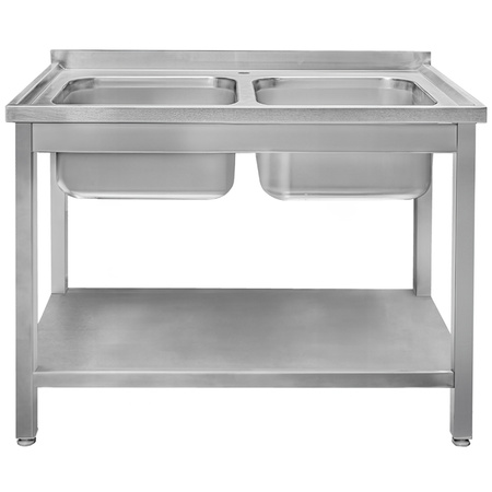 Zlew gastronomiczny spawany dwukomorowy z półką Mega-M 140x70x85 cm stal nierdzewna