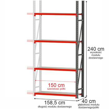 Regał metalowy magazynowy 4-półkowy Mega-M FORTIS H-240 cm L-158.5 cm G-40 cm moduł dostawny