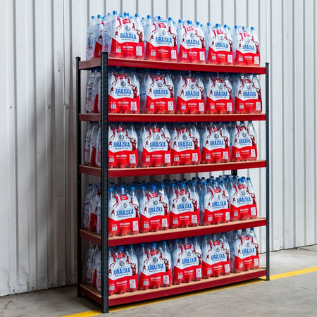 Regał magazynowy Mega-M BASIC PLUS H-180 cm L-180 cm G-45 cm 5 półek z MDF 6.8 mm 275 kg grafitowo-czerwony