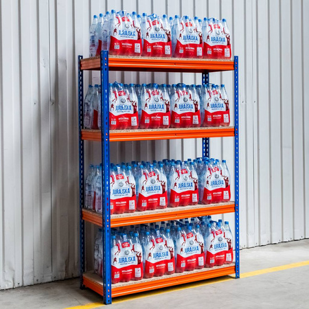 Regał magazynowy Mega-M Pro Max H-180 cm L-120 cm G-60 cm 4 półki z płyty wiórowej 15 mm (500kg) niebieski/pomarańczowy 2 kartony N