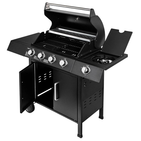 Grill ogrodowy gazowy Mega-M 4+1 ze stolikiem bocznym czarny reduktor + wąż gazowy