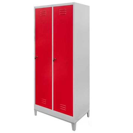 Szafka BHP ubraniowa na podstawie z nóżkami Mega-M pracownicza 2-drzwiowa z przegrodami S-80 cm szara/czerwony front