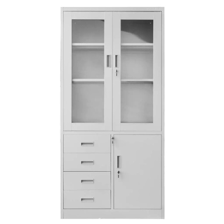 Szafa biurowa metalowa na akta Mega-M WENUS przeszklone drzwi 4 szuflady S- 90 cm G- 40 cm H-185 cm szara