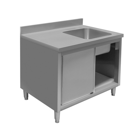 Stół ze stali nierdzewnej przyścienny ze zlewem po prawej stronie i z szafką Mega-M S-100 cm G-70 cm H-85 cm N