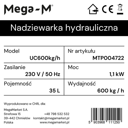 Nadziewarka do kiełbas hydrauliczna Mega-M 35 L wydajność 600 kg/h moc 1100 W