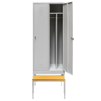 Szafka BHP ubraniowa na podstawie z wysuwaną ławeczką Mega-M pracownicza 2-drzwiowa z przegrodami S-80 cm szara