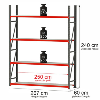 Regał metalowy magazynowy 4-półkowy Mega-M FORTIS H-240 cm L-267 cm G-60 cm moduł bazowy