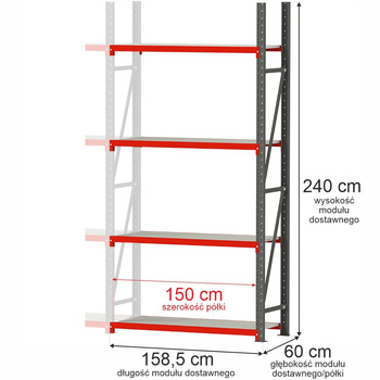 Regał metalowy magazynowy 4-półkowy Mega-M FORTIS H-240 cm L-158.5 cm G-60 cm moduł dostawny
