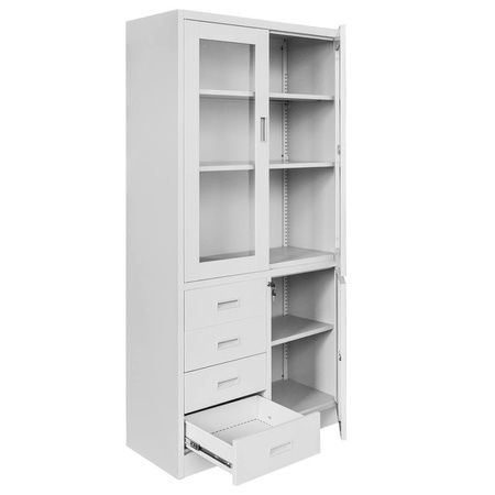 Szafa biurowa metalowa Mega-M WENUS W-09 na akta przeszklona z szufladami szara S- 90 cm G- 40 cm H-185 cm skręcana N