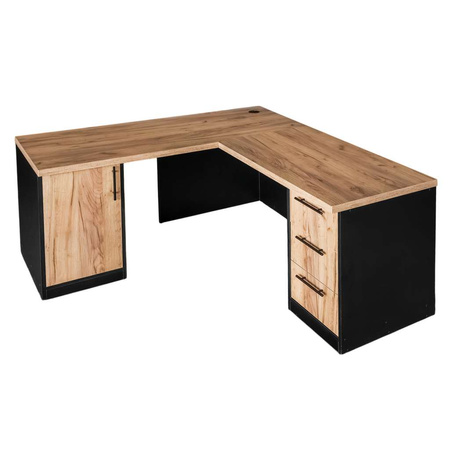 Biurko narożne przyścienne z szafką i szufladami Mega-M L-160 cm G-60 cm H-76 cm dąb kraft/czarny