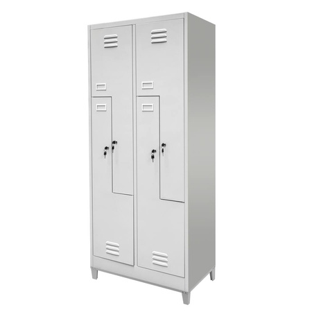 Szafka ubraniowa BHP Mega-M J-80/L na podstawie z nóżkami 4 drzwiowa typ L szara S-80 cm G-50 cm H-190 cm skręcana N