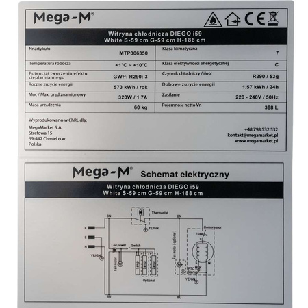 Witryna chłodnicza 1-drzwiowa 388L Mega-M DIEGO i59 White oświetlenie LED