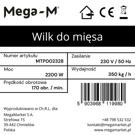 Wilk do mięsa Mega-M wydajność 350 kg/h moc 2200 W