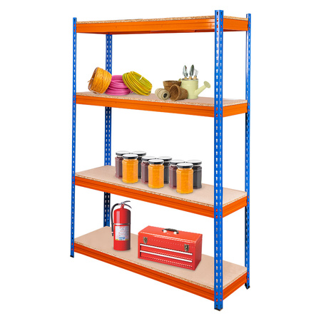 Regał magazynowy Mega-M Pro Max H-180 cm L-120 cm G-60 cm 4 półki z płyty wiórowej 15 mm (500kg) niebieski/pomarańczowy 2 kartony N