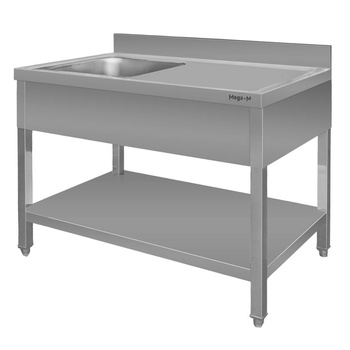 Stół ze stali nierdzewnej przyścienny ze zlewem po lewej stronie i z półką Mega-M S-140 cm G-60 cm H-85 cm N