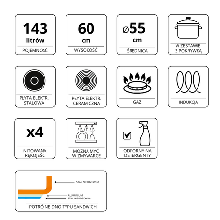 Garnek ze stali nierdzewnej wysoki z pokrywką Mega-M 143L 55x60 cm
