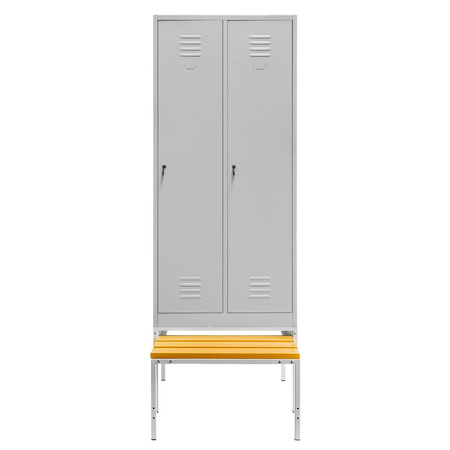 Szafka ubraniowa BHP Mega-M J-80 na podstawie z wysuwaną ławeczką 2 drzwiowa z przegrodami szara S-80 cm G-80 cm H-223 cm skręcana N