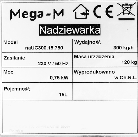 Nadziewarka do kiełbas hydrauliczna Mega-M 15 L wydajność 300 kg/h moc 750 W