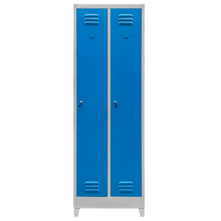 Szafka ubraniowa BHP Mega-M J-60 na podstawie z nóżkami 2 drzwiowa szara/ niebieski front  S-60 cm G-50 cm H-190 cm skręcana N