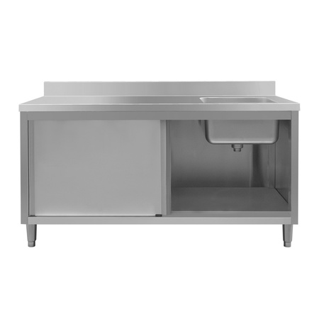 Stół ze stali nierdzewnej przyścienny ze zlewem po prawej stronie i z szafką Mega-M S-160 cm G-60 cm H-85 cm N