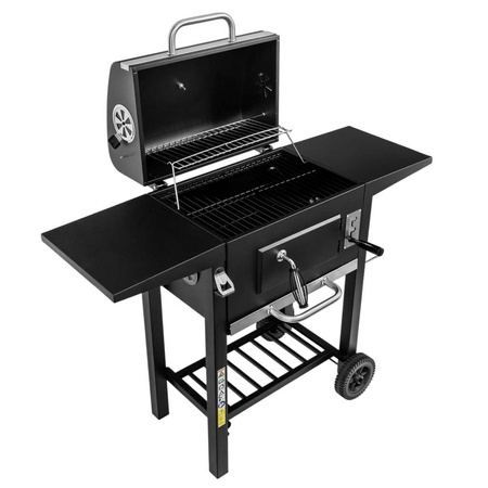 Grill ogrodowy węglowy z pokrywą i rusztem emaliowanym Mega-M 2x stolik boczny 42x30 cm