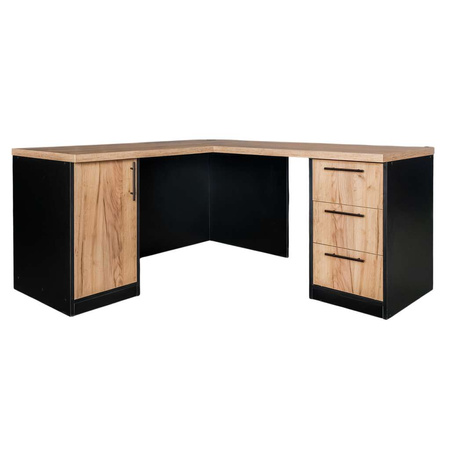 Biurko narożne przyścienne z szafką i szufladami Mega-M H- 76 cm L- 160 cm G- 60 cm dąb kraft / czarny N