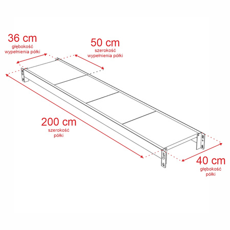 Regał metalowy magazynowy 4-półkowy Mega-M FORTIS H-200 cm L-217 cm G-40 cm moduł bazowy