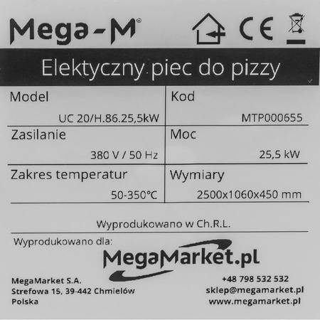 Piec do pizzy tunelowy Mega-M 20 pizz ⌀46cm w jednym cyklu 25.5kW
