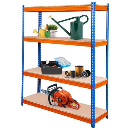 Regał magazynowy Mega-M Pro Max H-180 cm L-150 cm G-45 cm 4 półki z płyty wiórowej 15 mm (500kg) niebieski/pomarańczowy 2 kartony N
